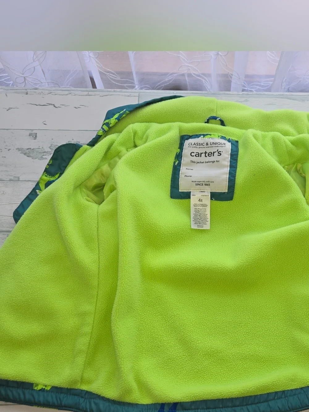 Carter's  Boys Teal  Windbreaker with Blue & Neon Green Dino Print - Size 4T